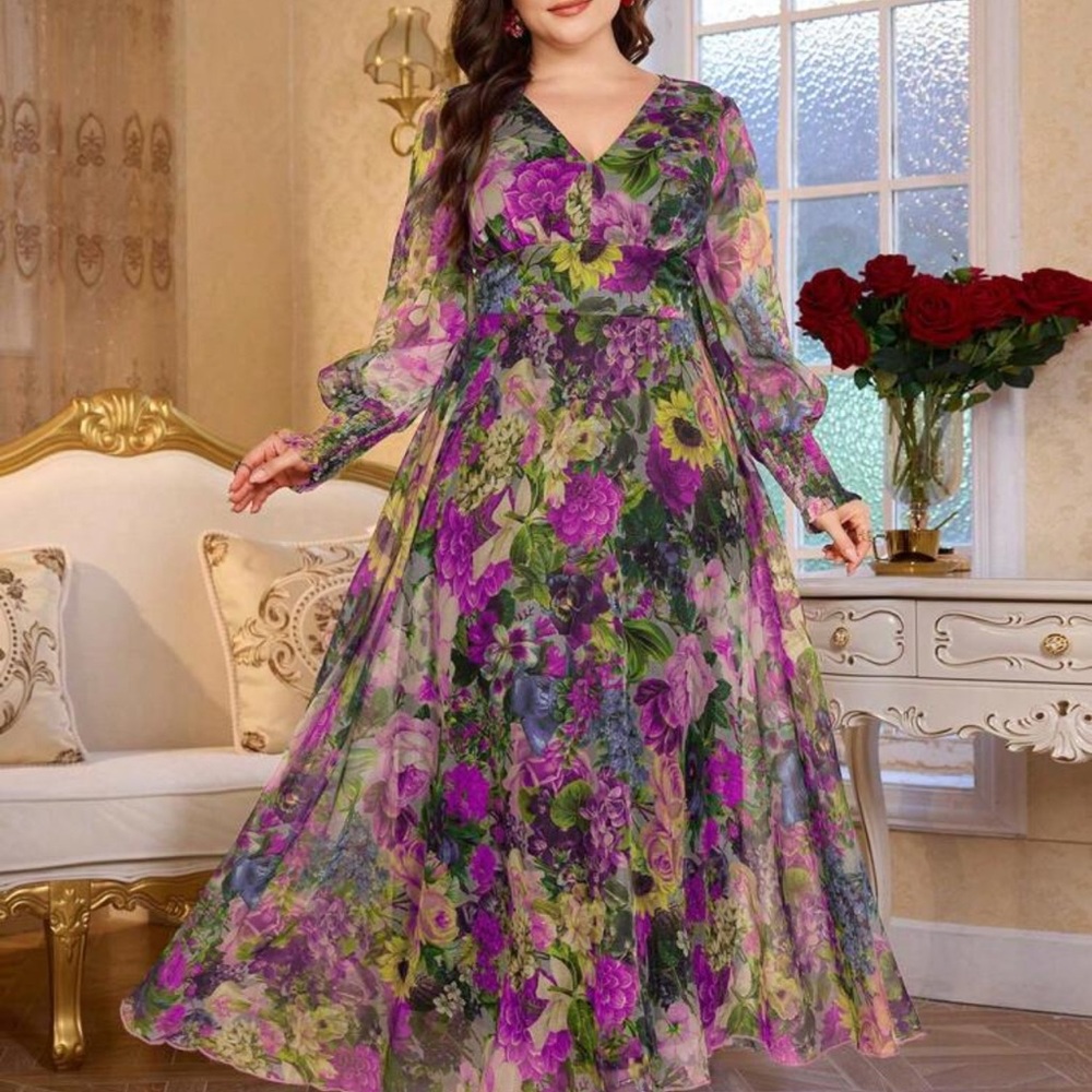 Purple long sleeve V neck dress! 2XL